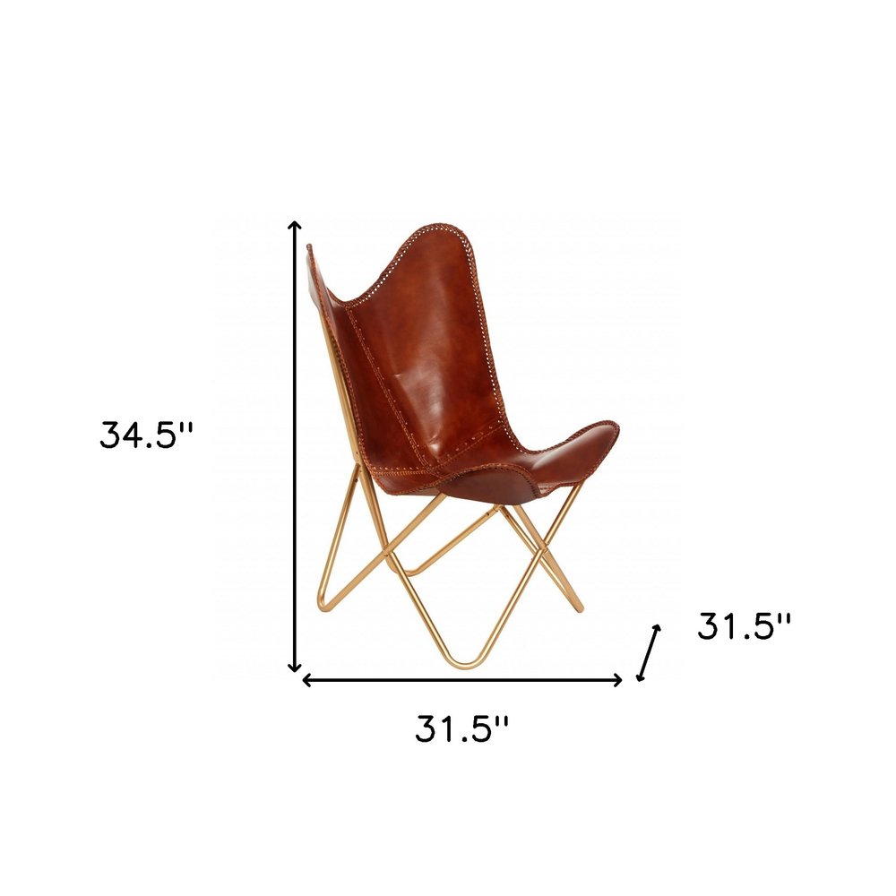 32" Brown and Gold Genuine Leather Butterfly Chair