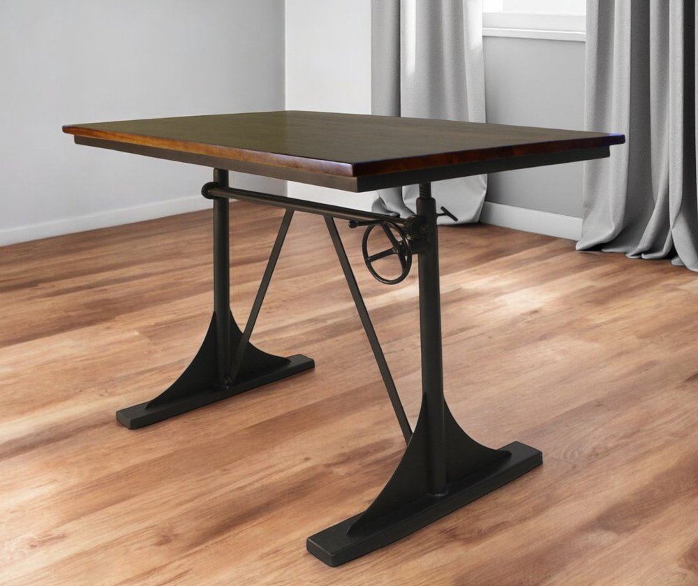 48" Brown And Black Solid Wood And Iron Trestle Base Dining Table