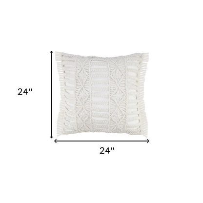 14" X 36" White Textured Indoor Outdoor Throw Pillow With Fringe