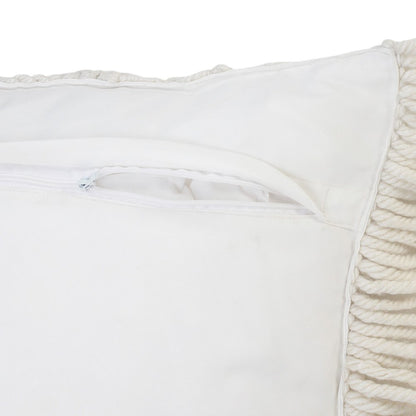 14" X 36" White Textured Indoor Outdoor Throw Pillow With Fringe