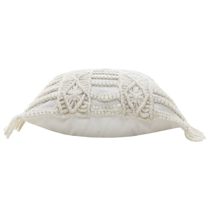 14" X 36" White Textured Indoor Outdoor Throw Pillow With Fringe