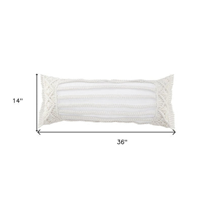 14" X 36" White Textured Indoor Outdoor Throw Pillow With Fringe