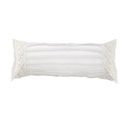 14" X 36" White Textured Indoor Outdoor Throw Pillow With Fringe