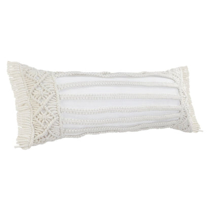 14" X 36" White Textured Indoor Outdoor Throw Pillow With Fringe