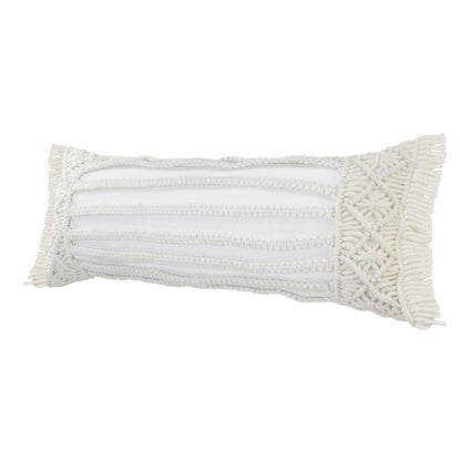 14" X 36" White Textured Indoor Outdoor Throw Pillow With Fringe
