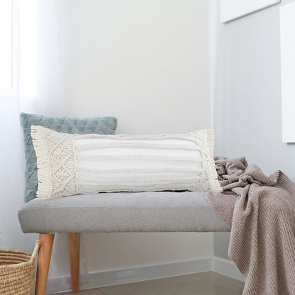 14" X 36" White Textured Indoor Outdoor Throw Pillow With Fringe