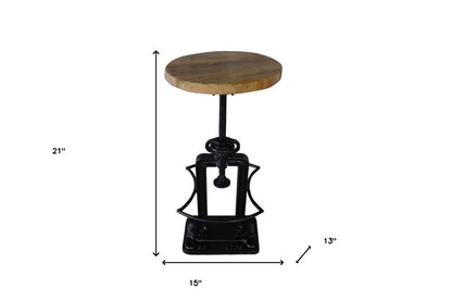 Natural and Black Solid Wood and Iron Backless Adjustable Height Bar Chair