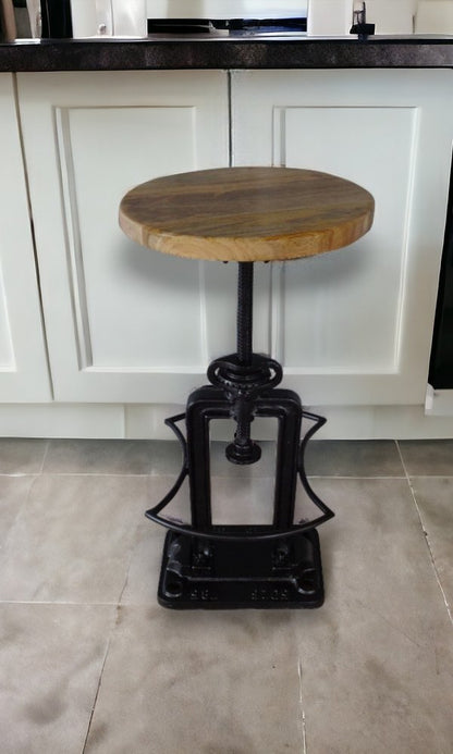 Natural and Black Solid Wood and Iron Backless Adjustable Height Bar Chair