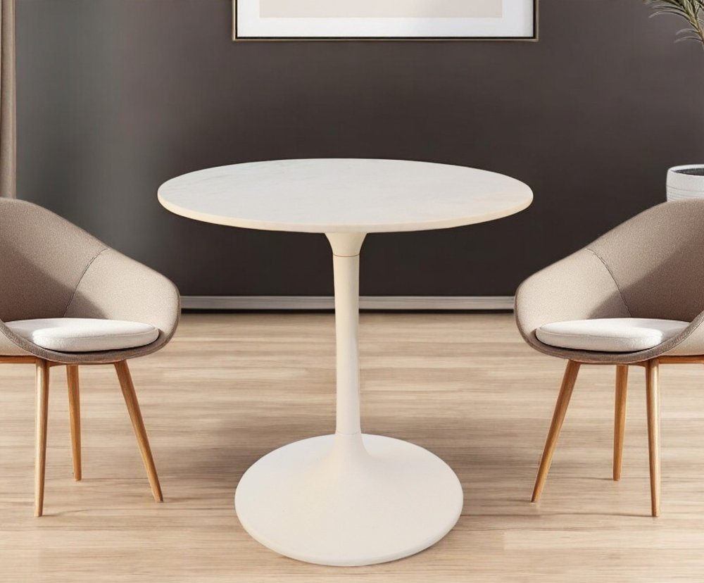 30" White Rounded Marble And Iron Pedestal Base Dining Table