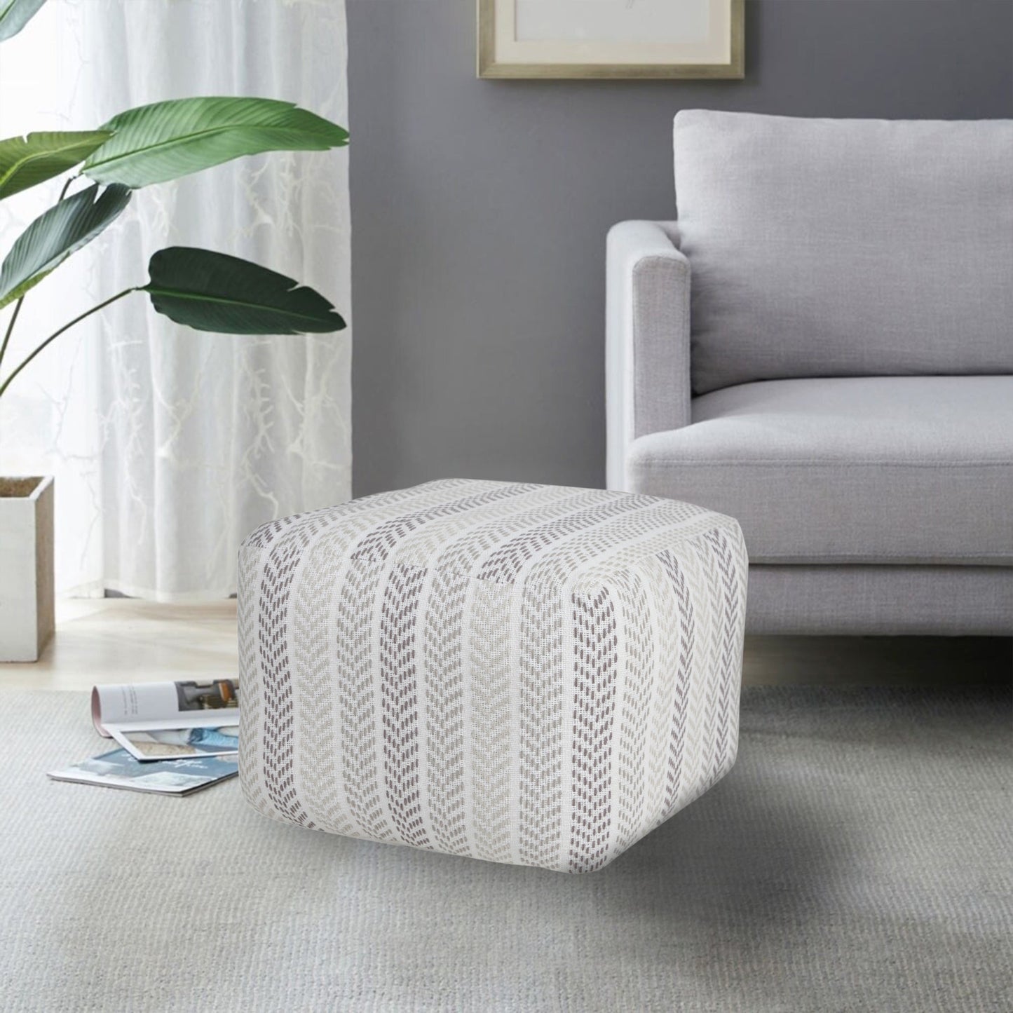 18" Gray And White Cotton Chevron Pouf Ottoman