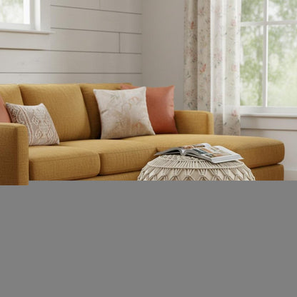 20" Cream Cotton Tufted Round Geometric Pouf Ottoman