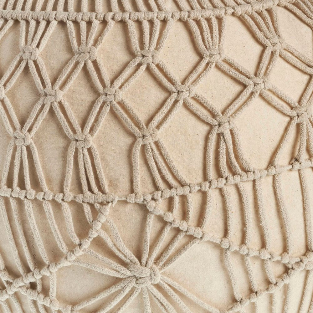 20" Cream Cotton Tufted Round Geometric Pouf Ottoman