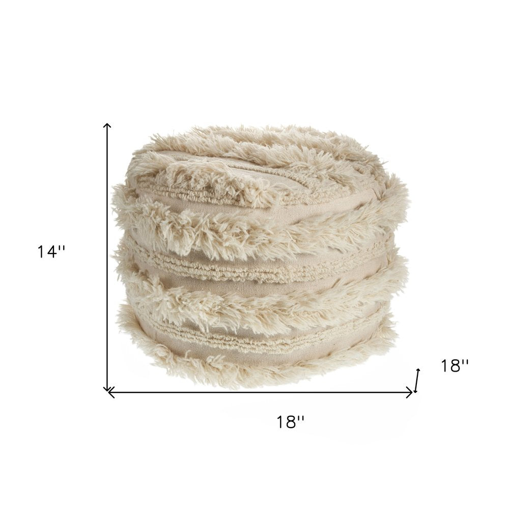 18" Ivory Cotton Round Striped Pouf Ottoman