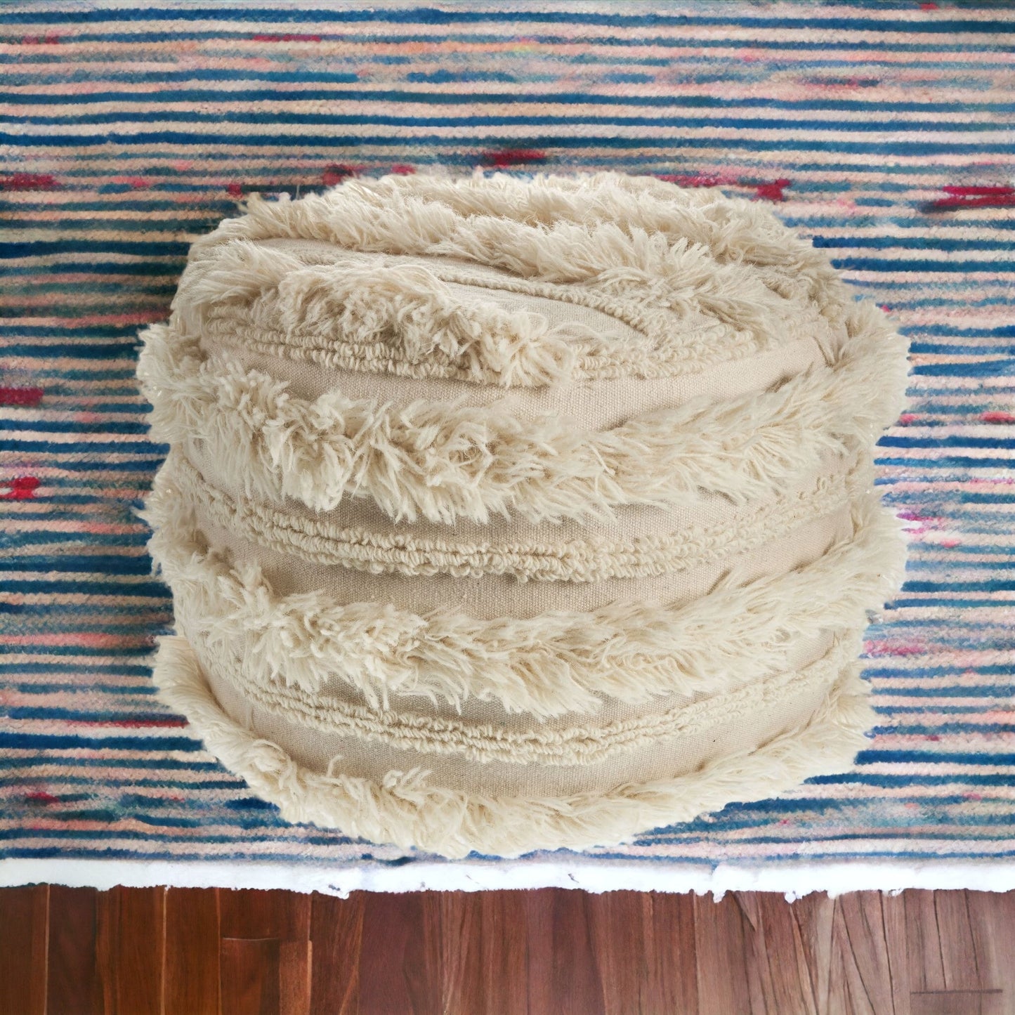 18" Ivory Cotton Round Striped Pouf Ottoman
