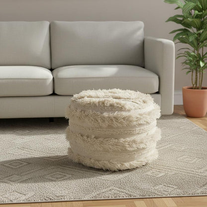 18" Ivory Cotton Round Striped Pouf Ottoman