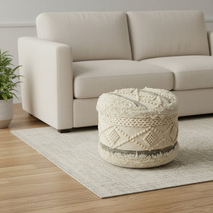 18" Cream Wool Cotton Blend Round Geometric Pouf Ottoman