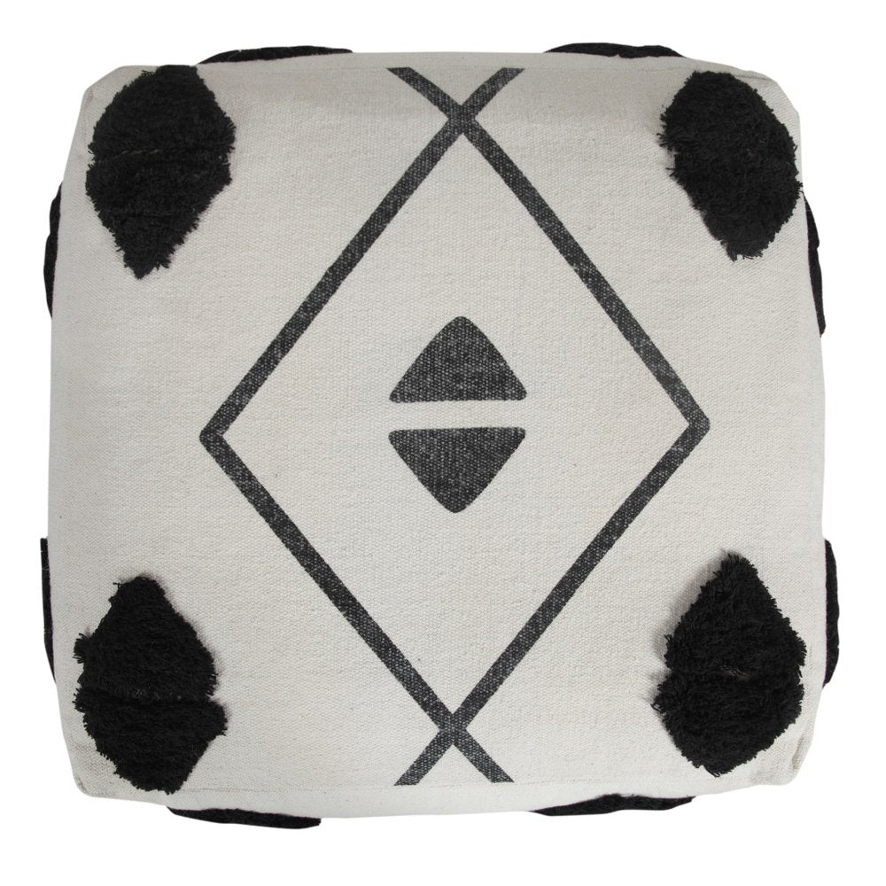 18" White Cotton Geometric Pouf Ottoman