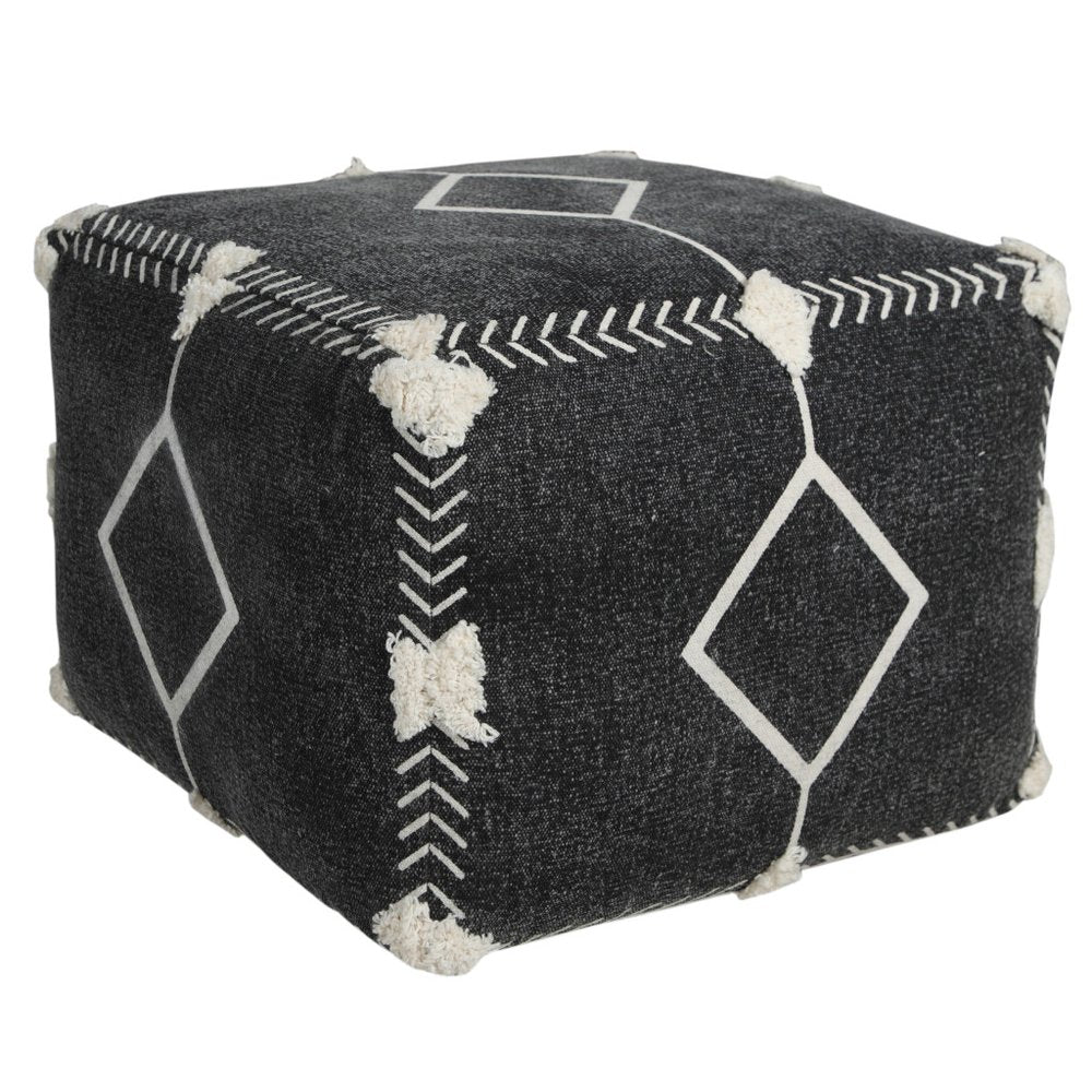 18" Black Cotton Geometric Pouf Ottoman