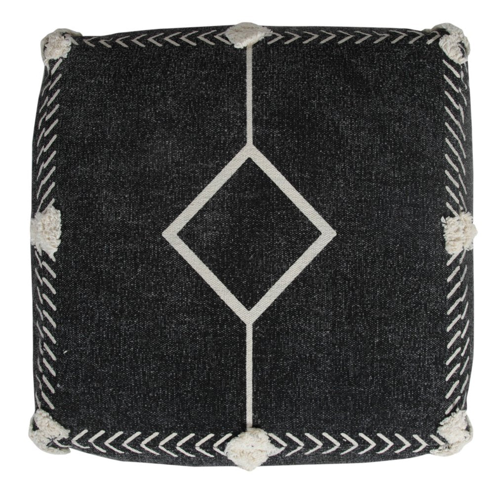 18" Black Cotton Geometric Pouf Ottoman