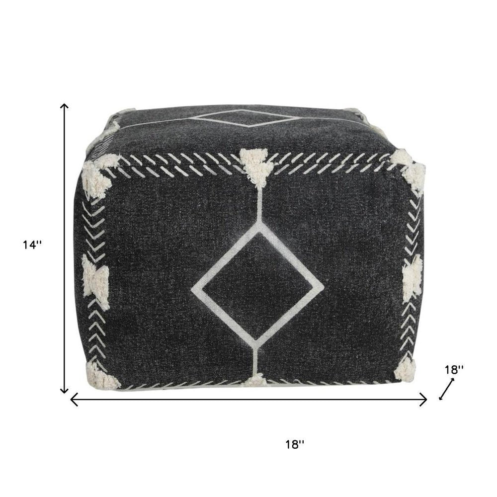 18" Black Cotton Geometric Pouf Ottoman