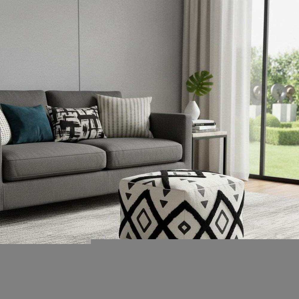 18" White Cotton Geometric Pouf Ottoman