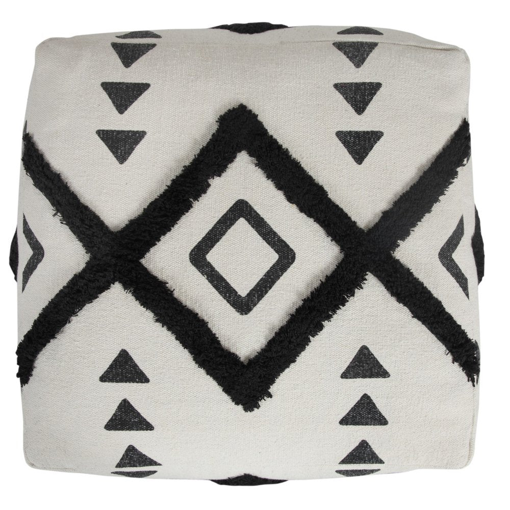 18" White Cotton Geometric Pouf Ottoman