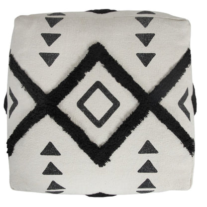 18" White Cotton Geometric Pouf Ottoman