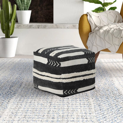 18" Black Cotton Geometric Pouf Ottoman
