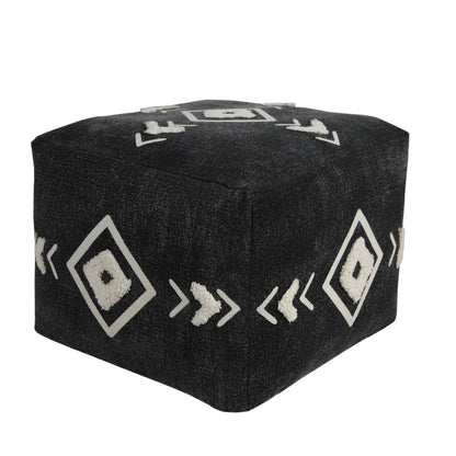 18" Black Cotton Geometric Pouf Ottoman