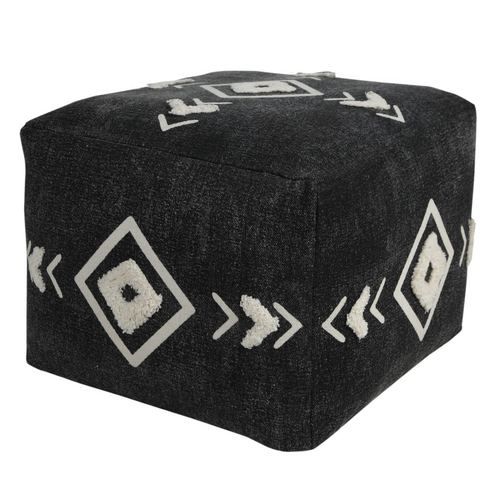 18" Black Cotton Geometric Pouf Ottoman