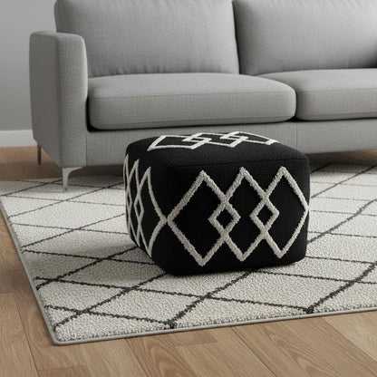 18" Black Cotton Geometric Pouf Ottoman