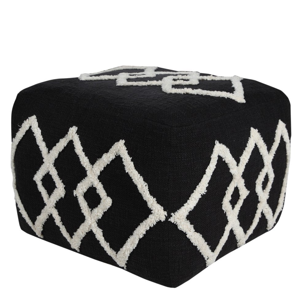 18" Black Cotton Geometric Pouf Ottoman