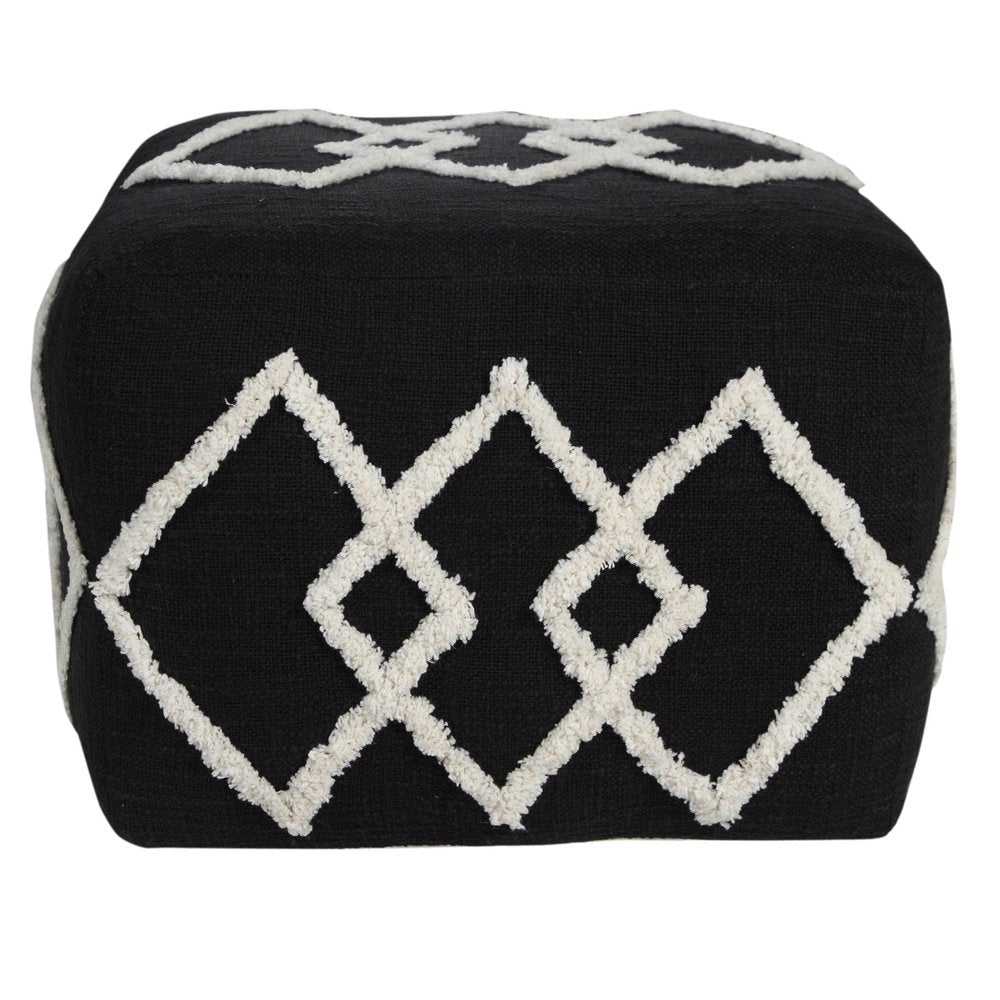 18" Black Cotton Geometric Pouf Ottoman