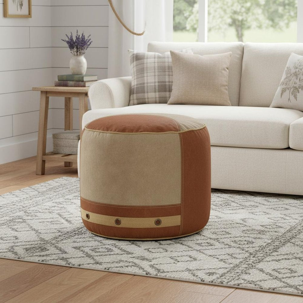16" Tan Cotton Cylinder Striped Pouf Ottoman