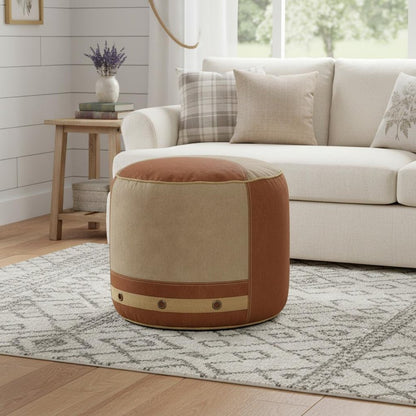 16" Tan Cotton Cylinder Striped Pouf Ottoman