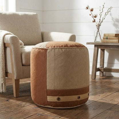 16" Tan Cotton Striped Cylinder Pouf Ottoman