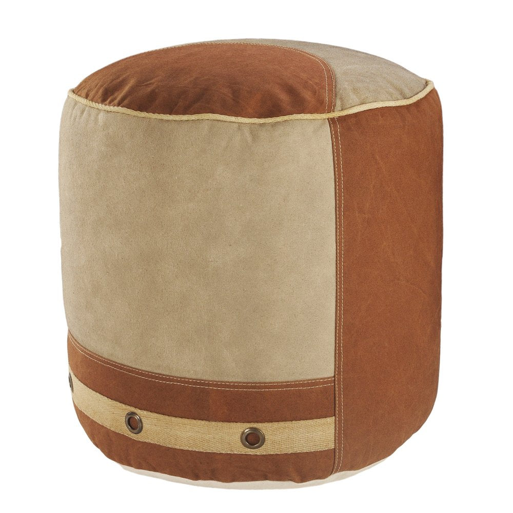 16" Tan Cotton Cylinder Striped Pouf Ottoman