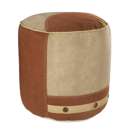 16" Tan Cotton Cylinder Striped Pouf Ottoman