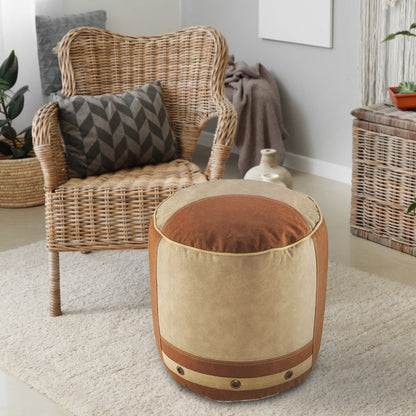 16" Tan Cotton Cylinder Striped Pouf Ottoman