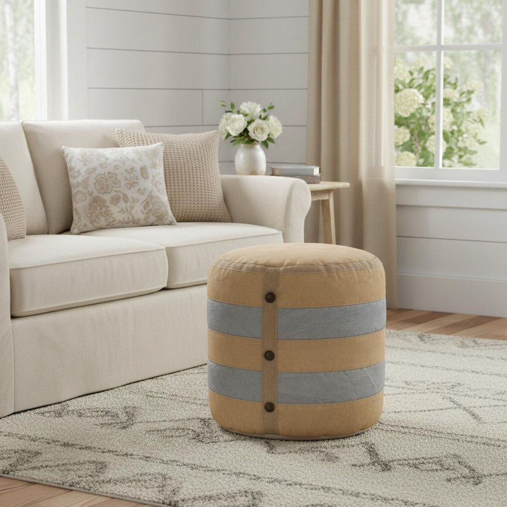 16" Tan Cotton Cylinder Striped Pouf Ottoman