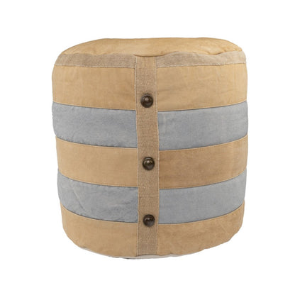16" Tan Cotton Cylinder Striped Pouf Ottoman