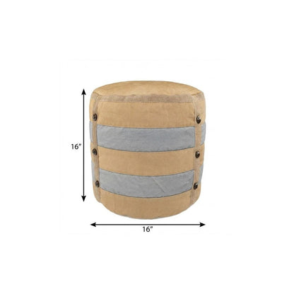 16" Tan Cotton Cylinder Striped Pouf Ottoman