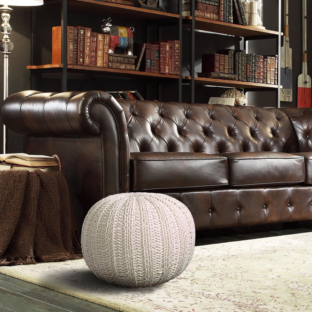 20" Blue Cotton Round Pouf Ottoman