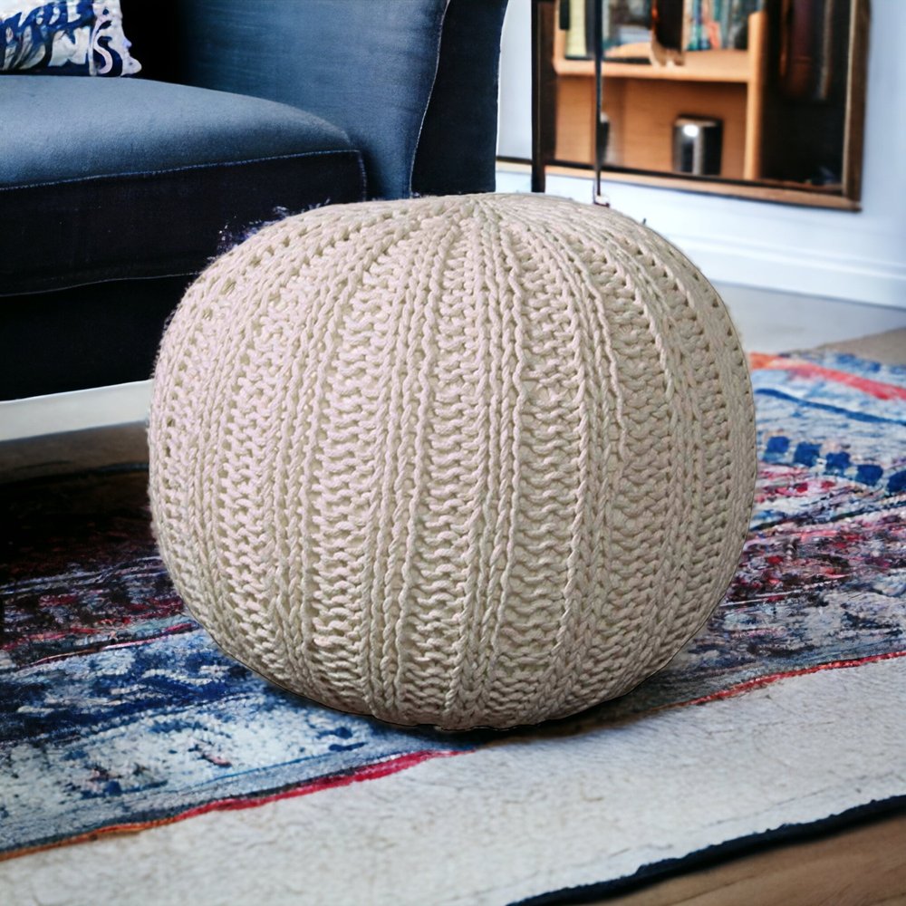 20" Blue Cotton Round Pouf Ottoman