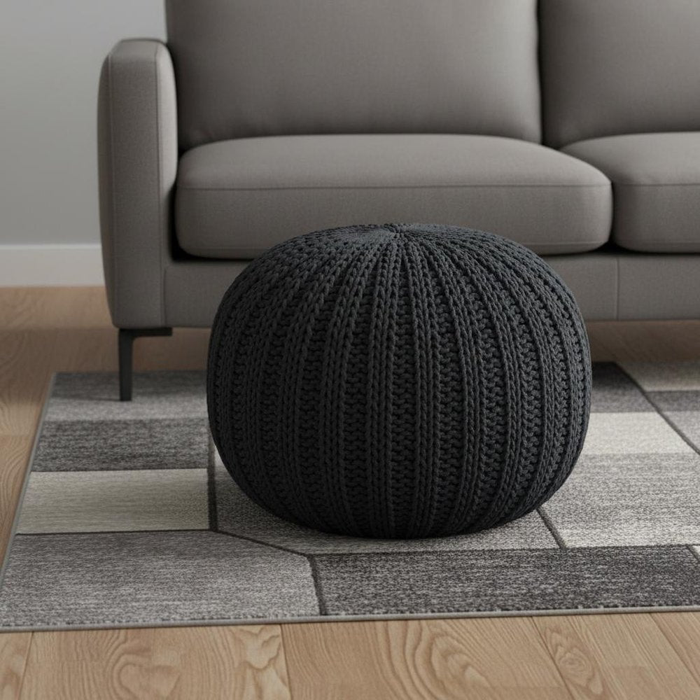 20" Blue Cotton Round Pouf Ottoman