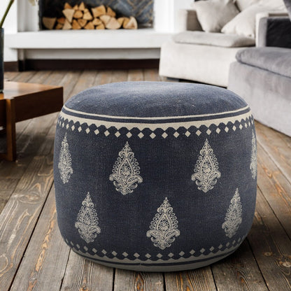 18" Blue Cotton Cylinder Paisley Pouf Ottoman