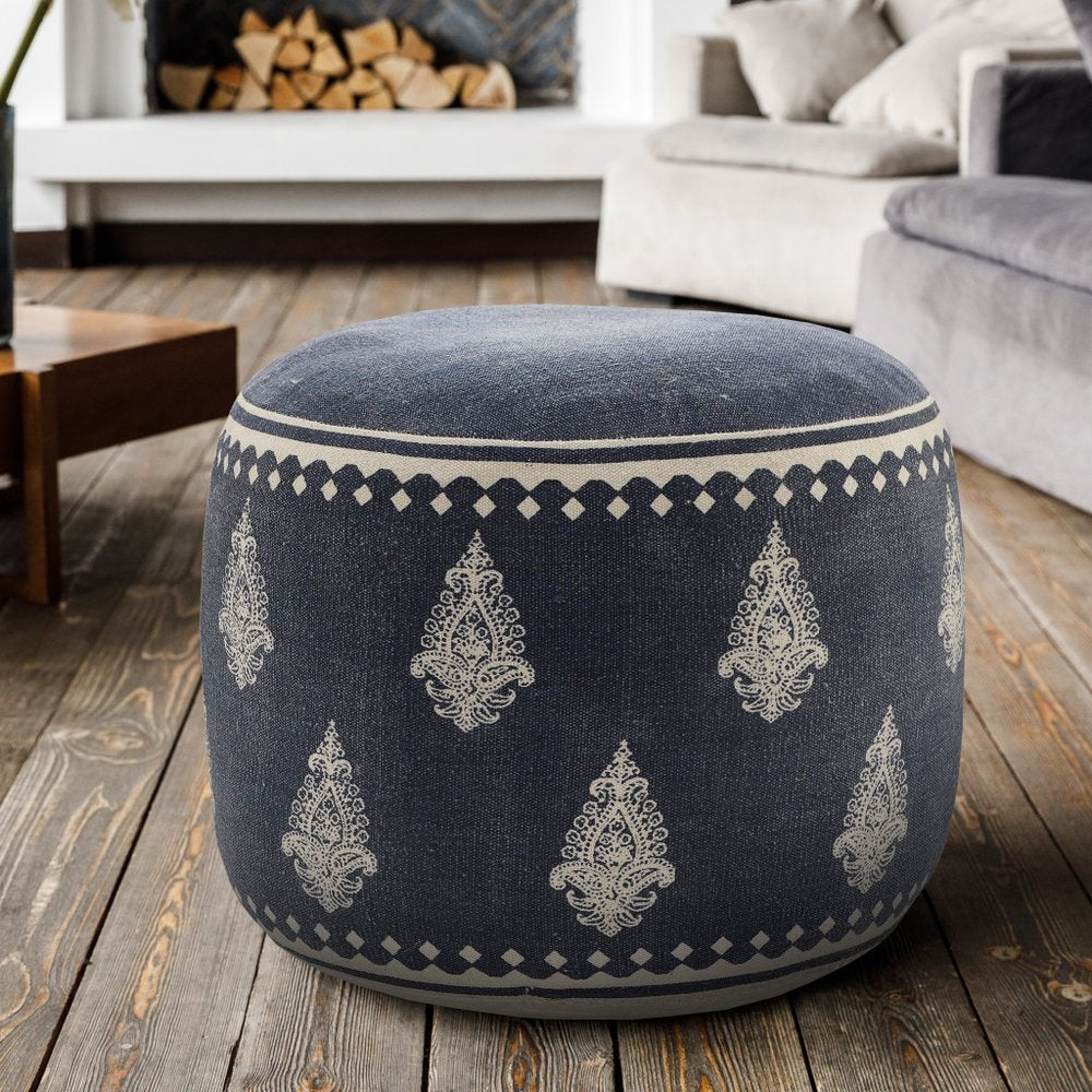 18" Blue Cotton Cylinder Paisley Pouf Ottoman