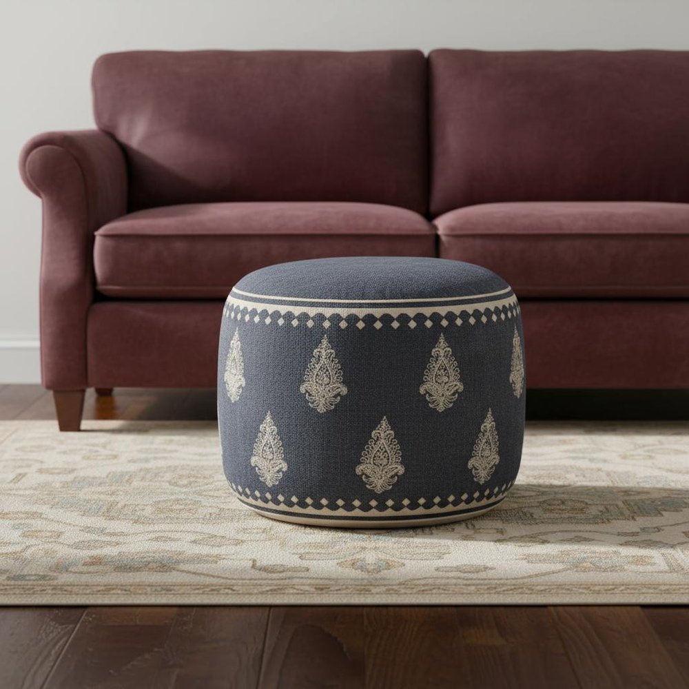 18" Blue Cotton Cylinder Paisley Pouf Ottoman