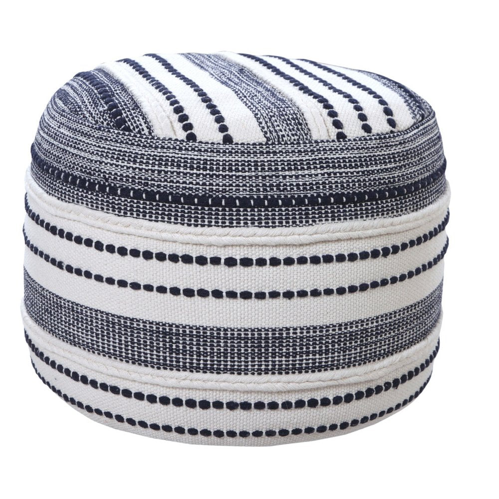 18" Blue Cotton Cylinder Striped Pouf Ottoman