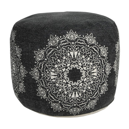 18" Black Cotton Cylinder Medallion Pouf Ottoman